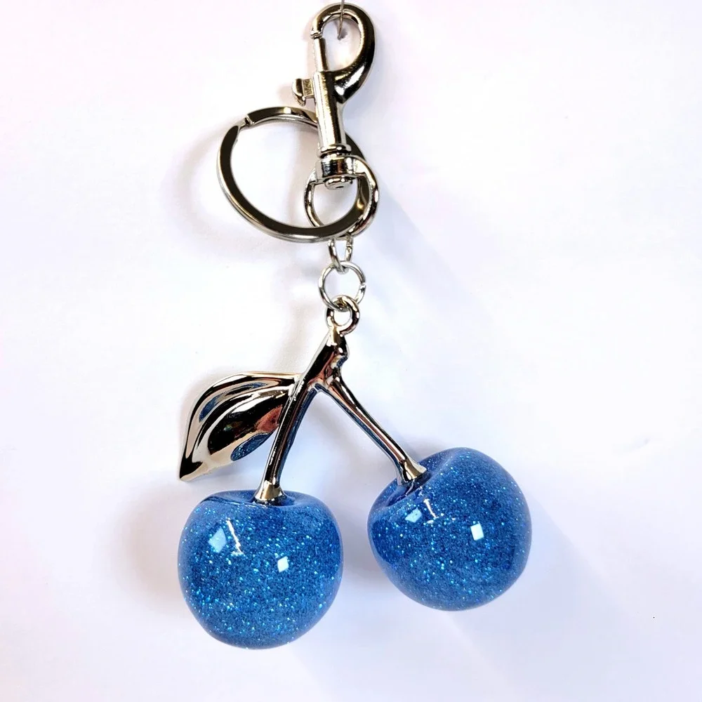 Bag Charm Keychain Glitter Resin Double Cherry Blue Women Retro Whimsical